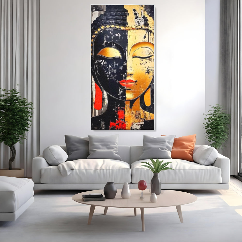 Tablou canvas cu tablou canvas cu chipul lui buddha, in rama de aluminiu argintiu, pe perete intr-un living